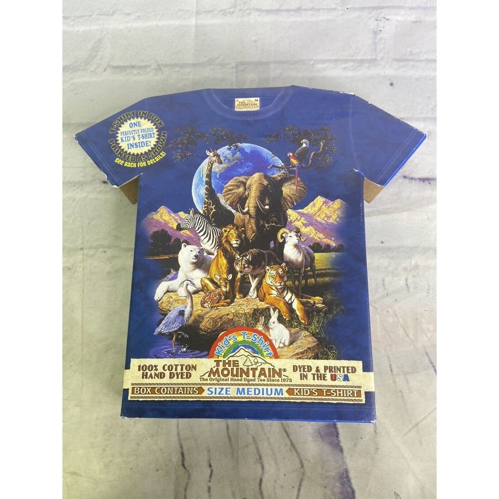 NEW The Mountain World of Animals Graphic Print Blue Cotton Kids T-Shirt Size M